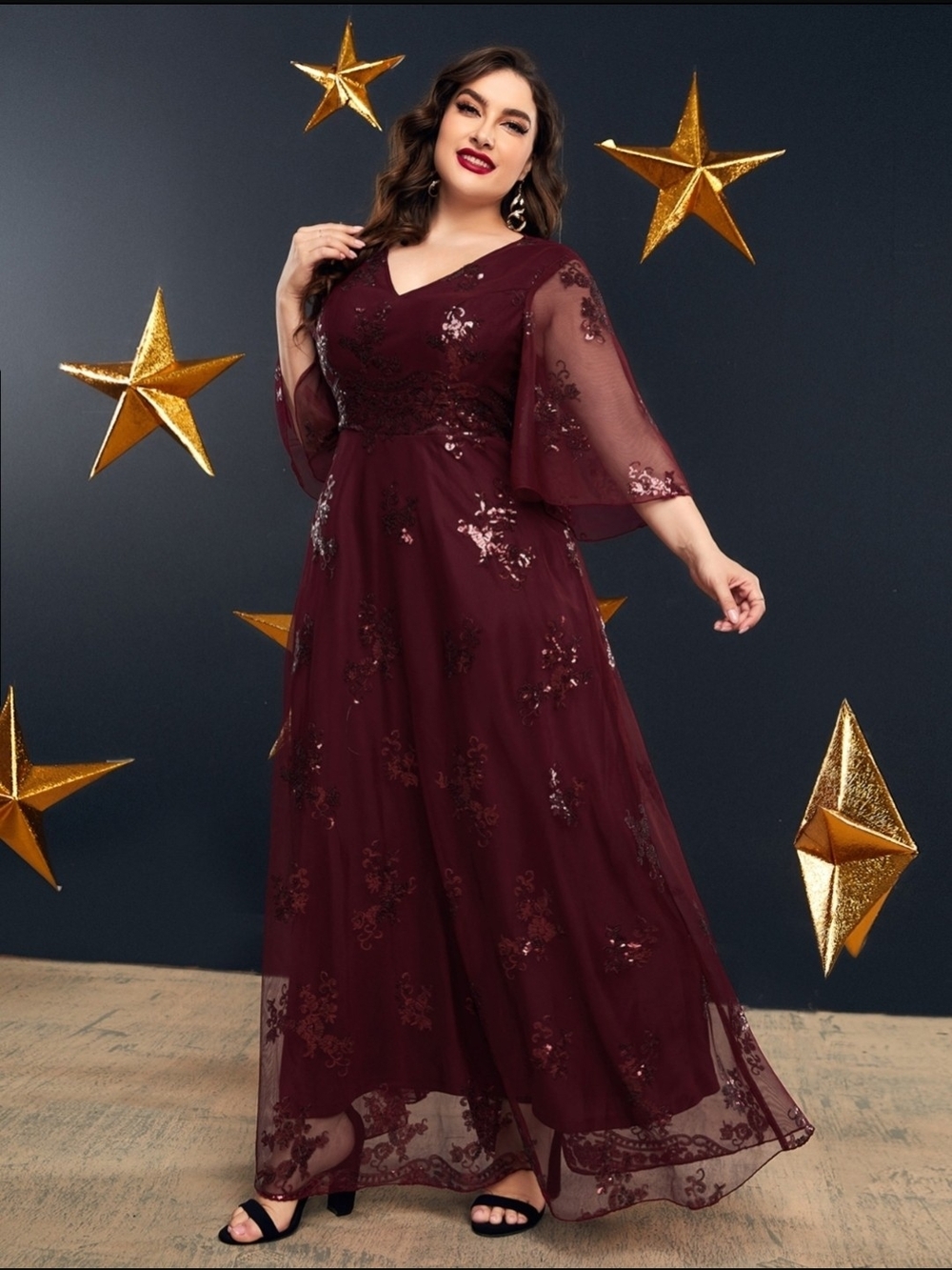 Elegant Burgundy Sequin V-Neck Evening Dress